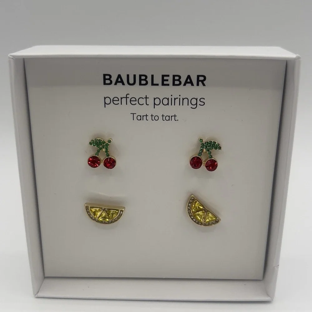 Baublebar Gold Tone 2 Pair Stud Earring Set Cherries Cherry Lemons Bauble Bar